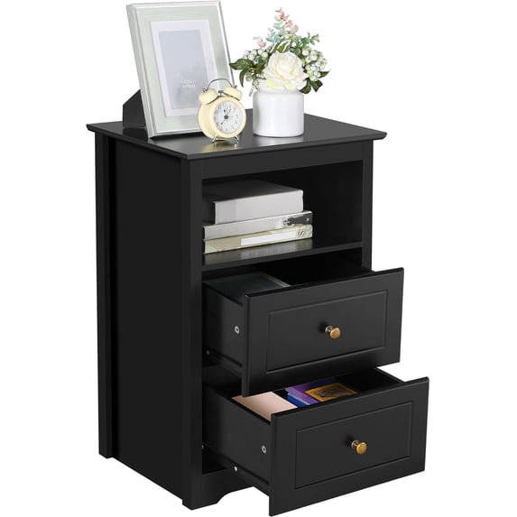 JessieMal Tall Nightstand with 2 Drawer and 1 Cubby, 29" High Bedside Table Wooden Storage Cabinet Bed Side Table with Drawer for Bedroom Home Office, Black