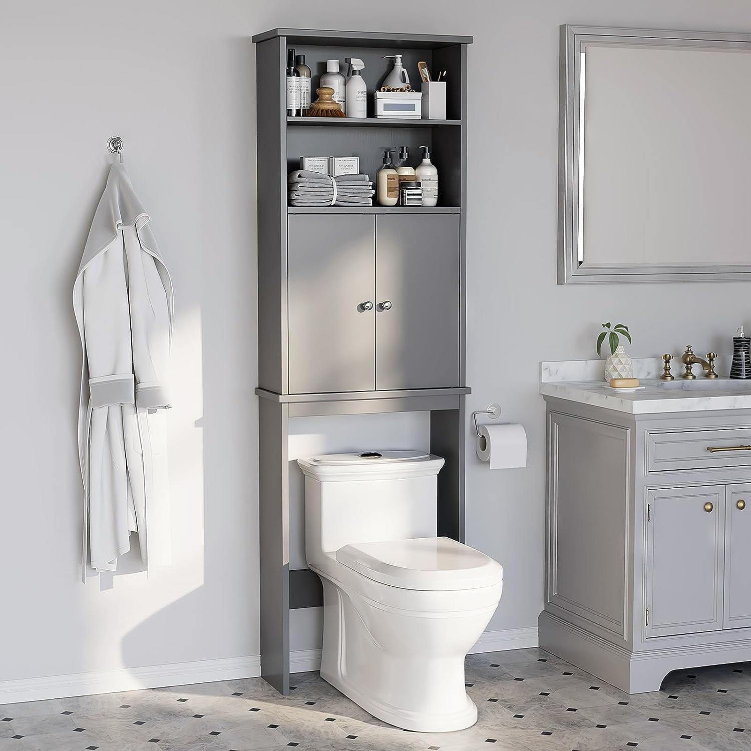 JessieMal Over the Toilet Storage Cabinet for Bathroom, 75in Over Toilet Cabinet Freestanding Storage Organizer, Space Saver with Doors and Adjustable Shelf, Grey