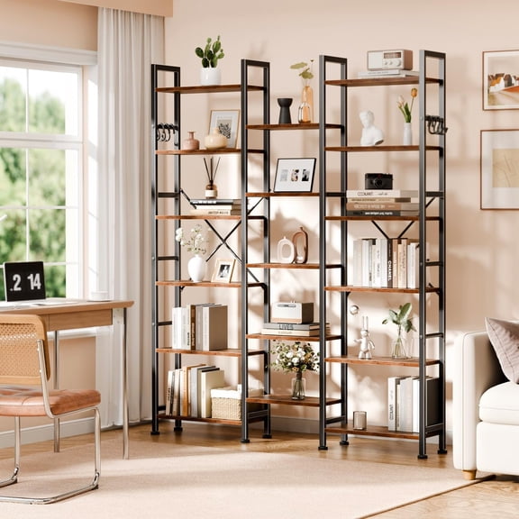 JessieMal Triple Column 6 Tier Bookshelf, Large Bookcase with 17 Display Shelves, Wide Book Shelf with 6 Hooks, Adjustable Rustic Bookshelves Storage Organizer, Shelving Unit for Living Room, Office
