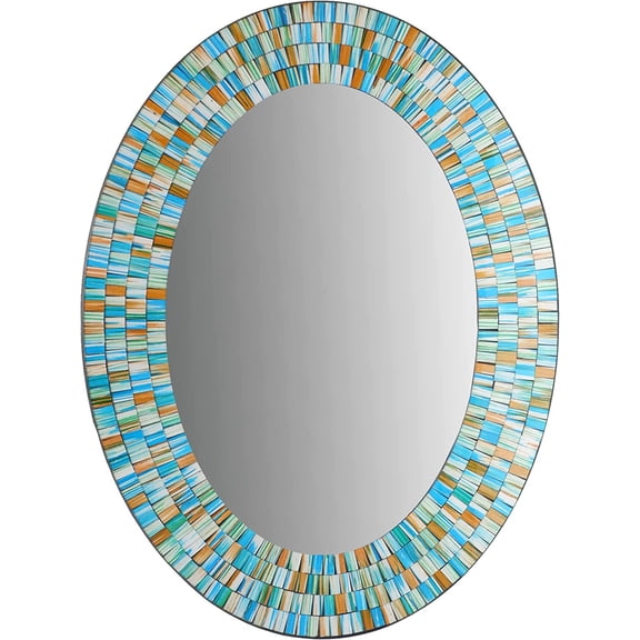 JessieMal Wall Art Dcor 32" X 24" Oval Shape Handcrafted Decorative Wall Mirror, Sea Blue, Turquoise, and Opal Reflective Glass Mosaic Mirror,
