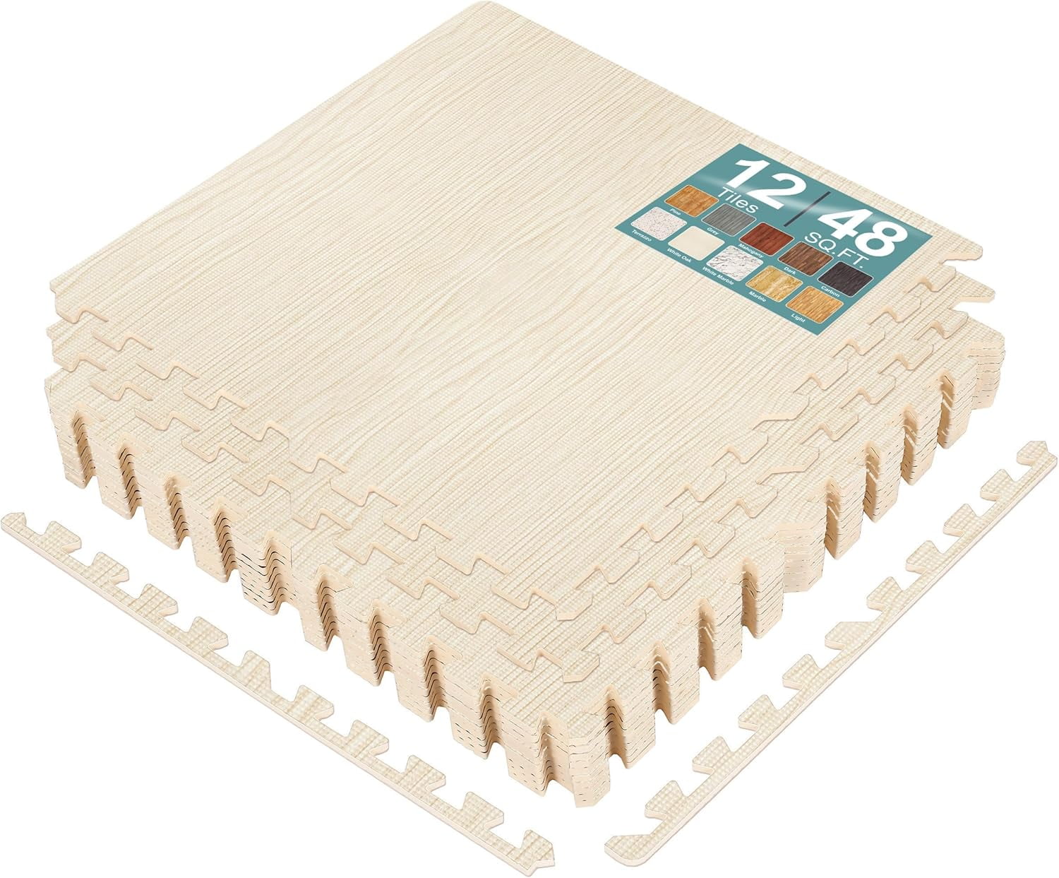JessieMal Wood Grain Floor Tiles Foam Mat EVA Interlocking Mats Tile 3/8-Inch Thick Flooring Wood Puzzle Exercise Mats w/Borders - Home Playroom Basement, Apartment, Trade Show, Baby, Dance