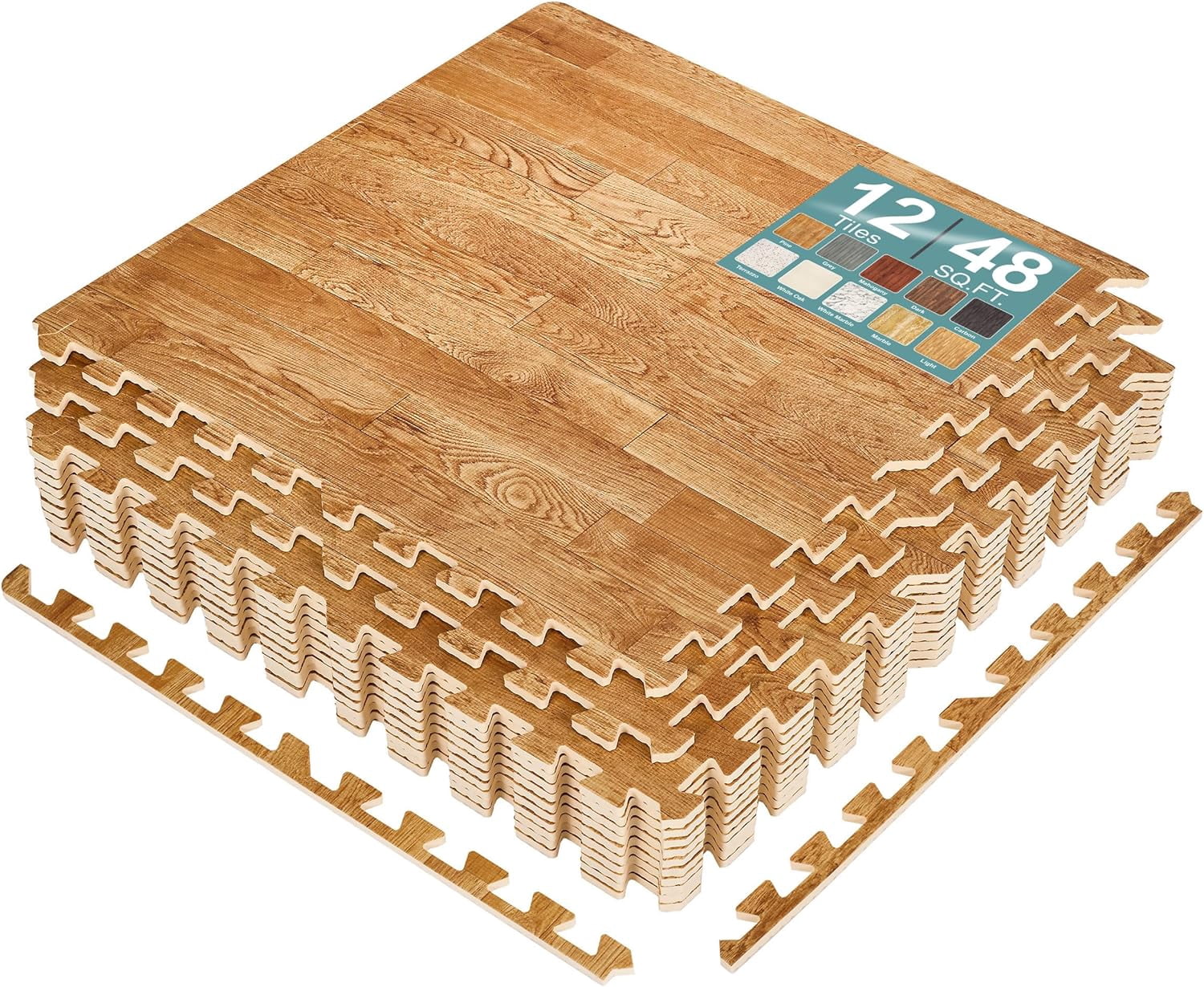 JessieMal Wood Grain Floor Tiles Foam Mat EVA Interlocking Mats Tile 3/8-Inch Thick Flooring Wood Puzzle Exercise Mats w/Borders - Home Playroom Basement, Apartment, Trade Show, Baby, Dance