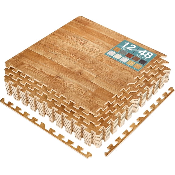 JessieMal Wood Grain Floor Tiles Foam Mat EVA Interlocking Mats Tile 3/8-Inch Thick Flooring Wood Puzzle Exercise Mats w/Borders - Home Playroom Basement, Apartment, Trade Show, Baby, Dance
