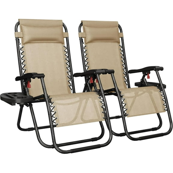 JessieMal Zero Gravity Recliners Outdoor Adjustable Folding Reclining Lounge Chairs w/Pillows, Cup Holder Trays and Carry Strap for Patio Backyard Beach Beige Set of 2