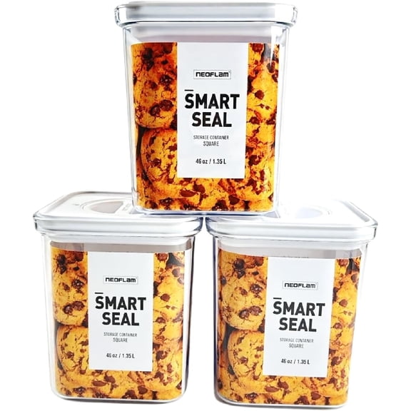 JessieMalAirtight Smart Seal Food Storage Container (Set of 3) | Crystal Clear Body | Modular, Stackable, Nestable Design (1.4L, Square)