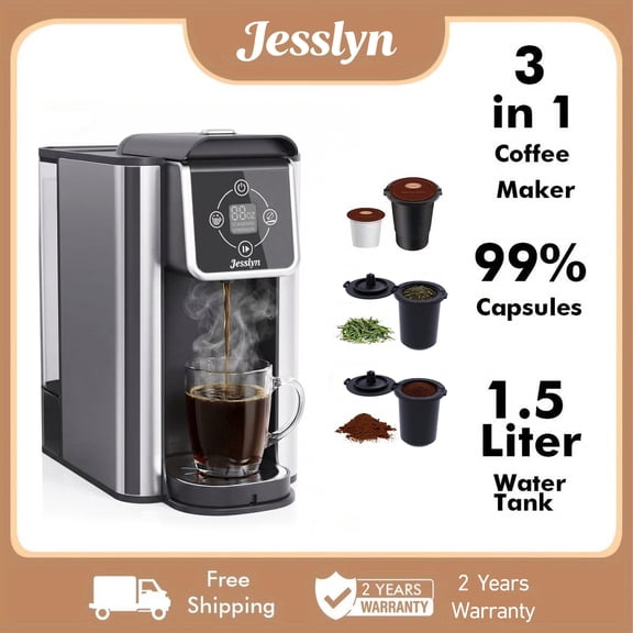 Jesslyn 3 in 1 Single Serve Coffee Maker: Coffee Machine Compatible with K Cup Capsules & Grounds, Instant Coffee Pot, Tea Maker Brewer - Removable 50 oz Water Reservoir, 120V 1150W, Black