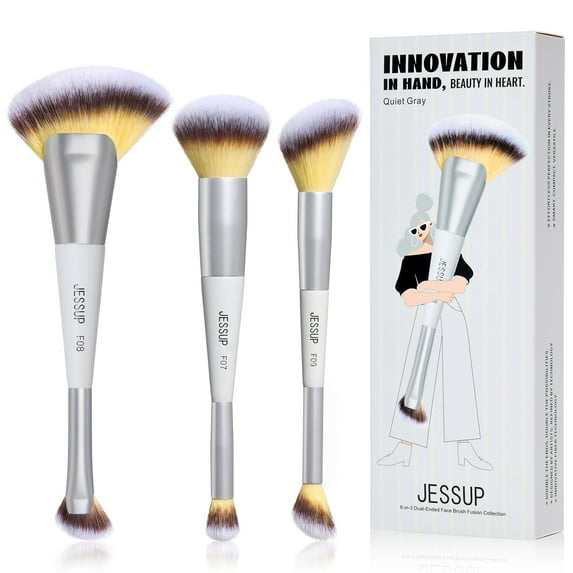 Jessup Face Makeup Brush Set 3pcs Double Sided Makeup Brushes for Foundation Contour Blush Highlight Concealer, Cruelty Free Cosmetic Tools Quiet Gray T521