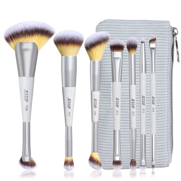 Jessup Makeup Brushes Set 7pcs Dual Ended Makeup Brush Premium Synthetic Foundation Contour Blush Highlight Blending Eyebrow Eyeshadow Shader Concealer Brush with Bag, Quiet Gray T520