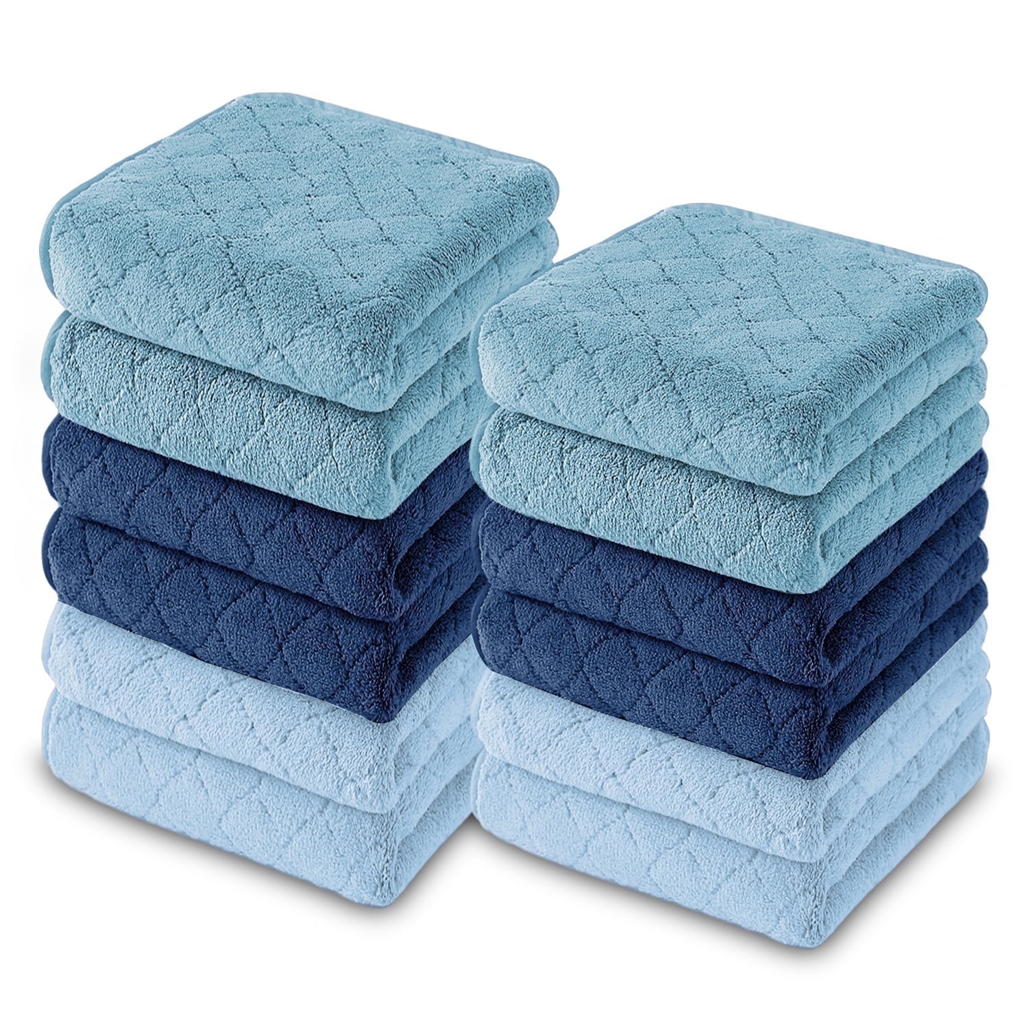 Jessy Home 12 Pack Blue Navy Turquoise Washcloths for Bathroom 13"x13" Ultra Soft Hand Face Towels