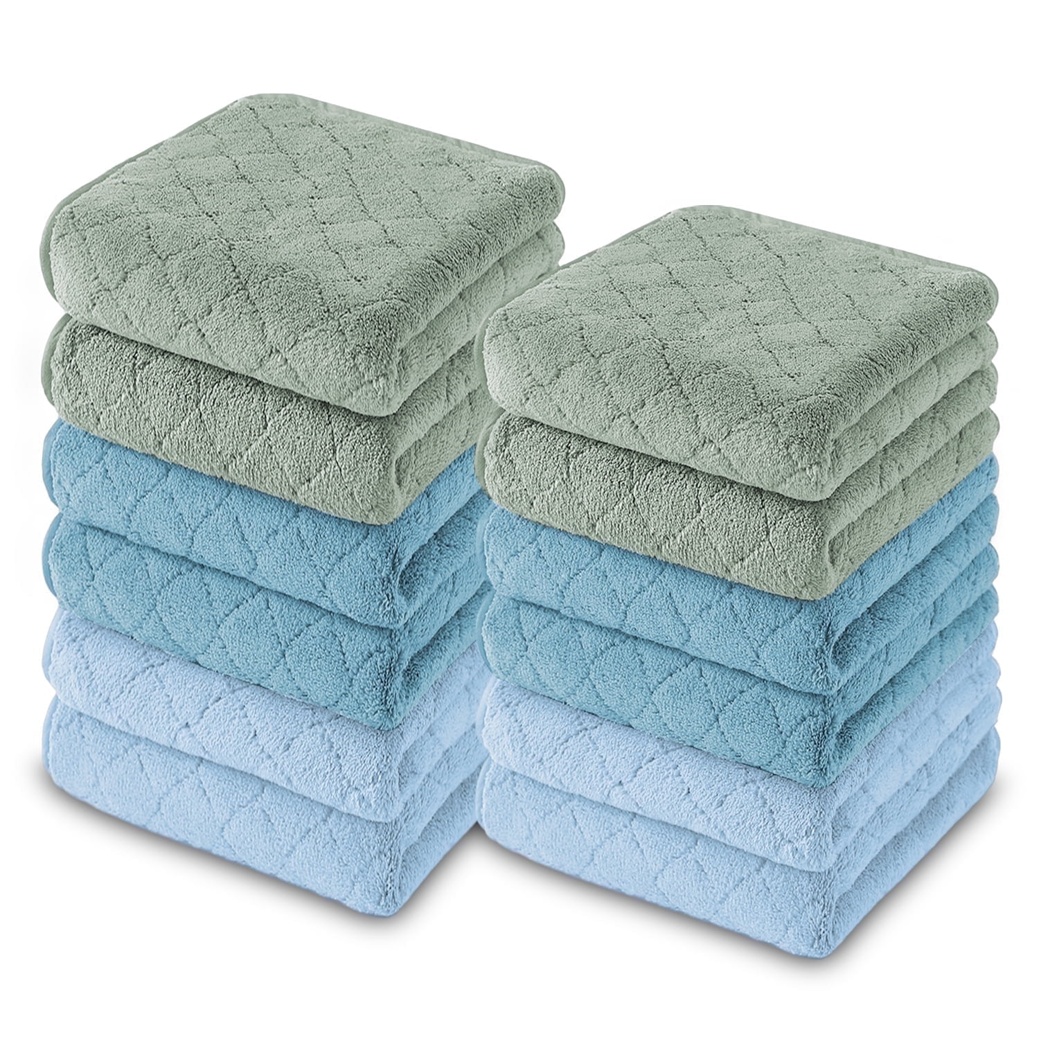 Jessy Home 12 Pack Blue Turquoise Green Washcloths for Bathroom 13"x13" Ultra Soft Hand Face Towels
