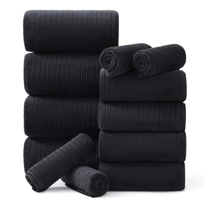 Jessy Home 12 Piece Black Bath Towel Set for Bathroom-4 Bath Towels,4 Hand Towels,4 Washcloths Soft and Plush Highly Absorbent Towel for Hotel & Spa