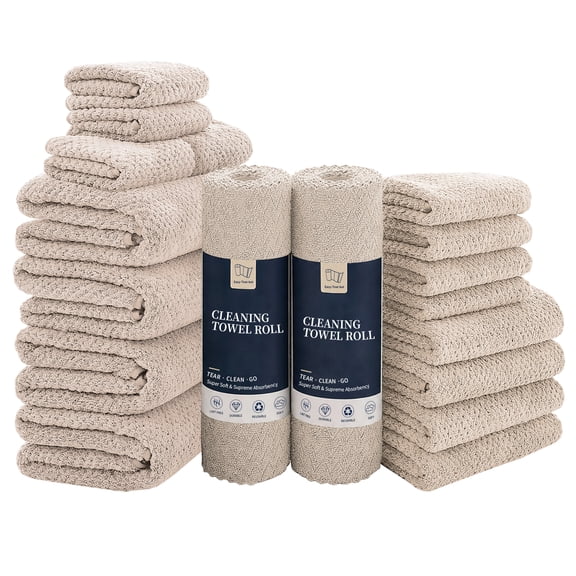 Jessy Home 18 Piece Camel Towel Set Include 4 Bath Towels, 4 Hand Towels, 4 Fingertip Towels, 4 Washcloths, 2 Rolls Cleaning Towels, Soft Microfiber Highly Absorbent Family Towel Set for Bathroom