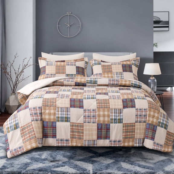 Jessy Home 3 Piece Comforter Set King Beige Plaid Quilt Microfiber Patchwork Bedspread