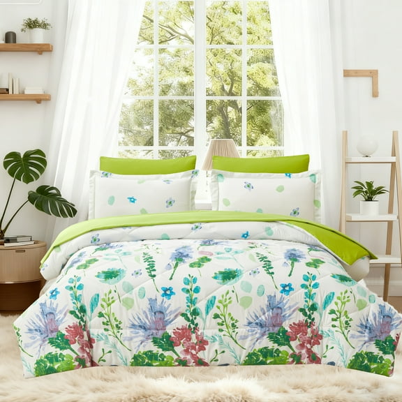 Jessy Home 3 Piece Comforter Set Queen Purple Green Floral Quilt Microfiber Patchwork Bedspread