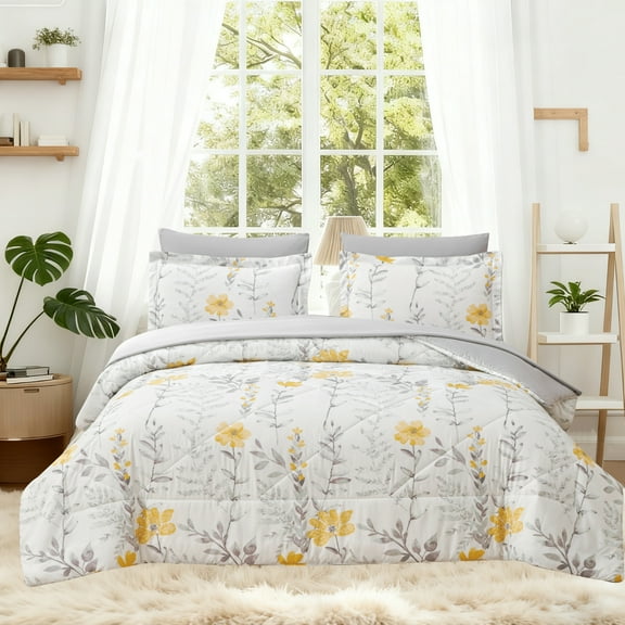 Jessy Home 3 Piece Comforter Set Queen Yellow Floral Quilt Microfiber Patchwork Bedspread