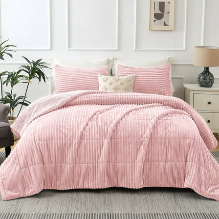 Jessy Home 3 Piece Fleece King Comforter Set - Soft & Warm Fluffy Pink Sherpa Bedding , Fuzzy Heavy Double Sided Design Winter Comforter with 2 Pillow Cases