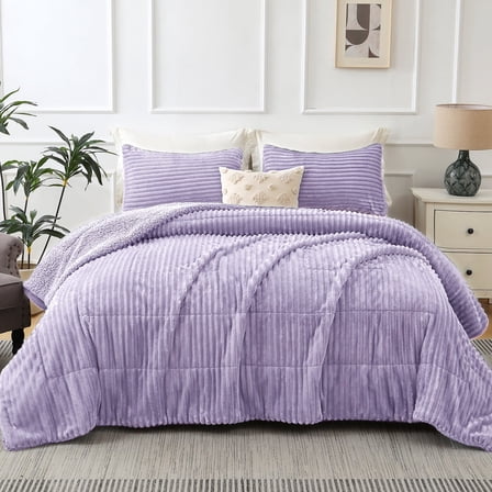 Jessy Home 3 Piece Fleece King Comforter Set - Soft & Warm Fluffy Purple Sherpa Bedding , Fuzzy Heavy Double Sided Design Winter Comforter with 2 Pillow Cases