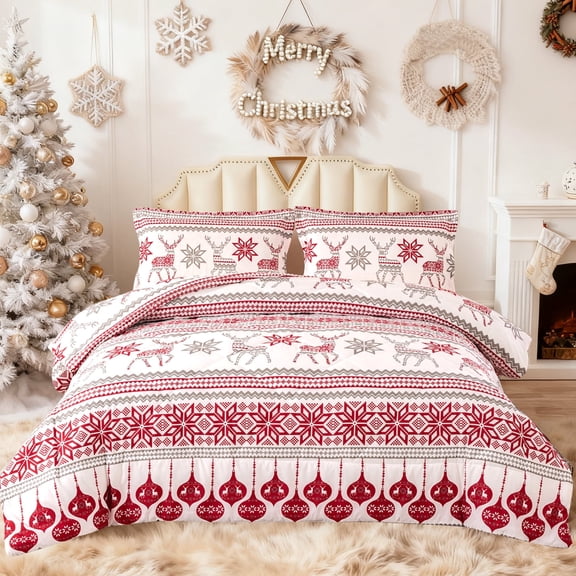 Jessy Home 3 Piece Queen Christmas Comforter Set Christmas Quilt Snowflake Deer Xmas Bedding Set Microfiber Patchwork Bedspread Christmas Gifts