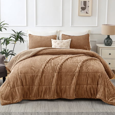 Jessy Home 3 Piece Fleece Queen Comforter Set - Soft & Warm Fluffy Coffee Sherpa Bedding , Fuzzy Heavy Double Sided Design Winter Comforter with 2 Pillow Cases