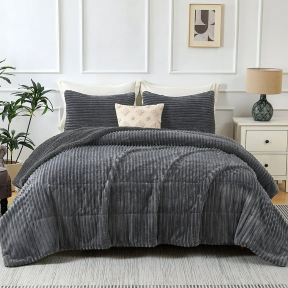 Jessy Home 3 Piece Fleece Queen Comforter Set - Soft & Warm Fluffy Dark Gray Sherpa Bedding , Fuzzy Heavy Double Sided Design Winter Comforter with 2 Pillow Cases
