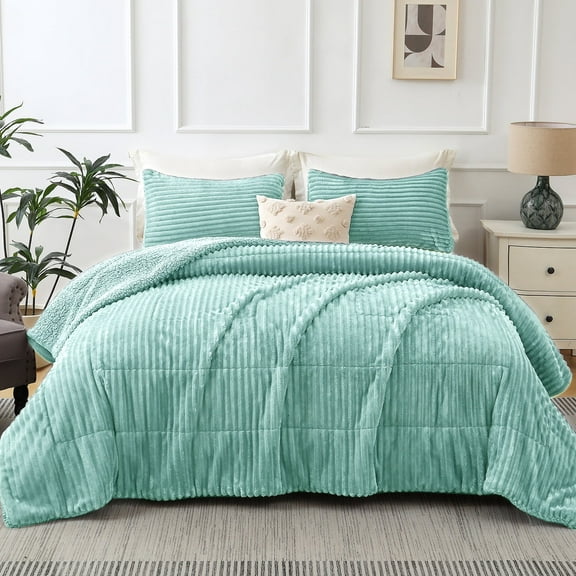 Jessy Home 3 Piece Fleece Queen Comforter Set - Soft & Warm Fluffy Green Sherpa Bedding , Fuzzy Heavy Double Sided Design Winter Comforter with 2 Pillow Cases