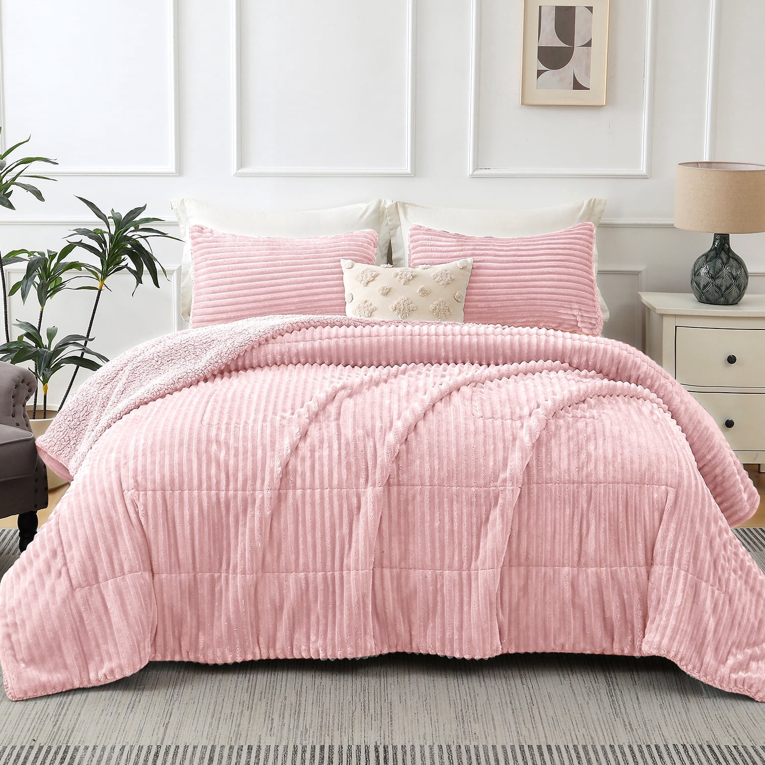 Jessy Home 3 Piece Fleece Queen Comforter Set - Soft & Warm Fluffy Pink Sherpa Bedding , Fuzzy Heavy Double Sided Design Winter Comforter with 2 Pillow Cases