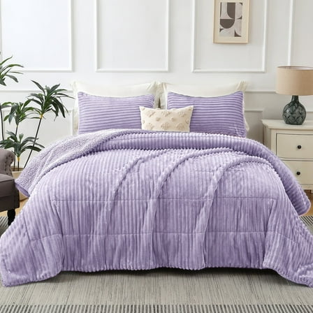 Jessy Home 3 Piece Fleece Queen Comforter Set - Soft & Warm Fluffy Purple Sherpa Bedding , Fuzzy Heavy Double Sided Design Winter Comforter with 2 Pillow Cases