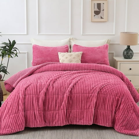 Jessy Home 3 Piece Fleece Queen Comforter Set - Soft & Warm Fluffy Red Bean Sherpa Bedding , Fuzzy Heavy Double Sided Design Winter Comforter with 2 Pillow Cases