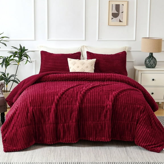 Jessy Home 3 Piece Fleece Queen Comforter Set - Soft & Warm Fluffy Wine Red Sherpa Bedding , Fuzzy Heavy Double Sided Design Winter Comforter with 2 Pillow Cases