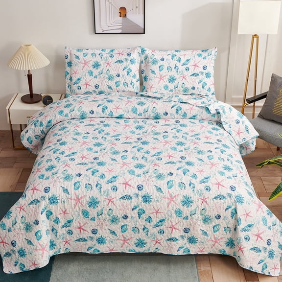 Jessy Home 3-Piece Set Queen/Full Size Blue Qcean Reversible Printed 100% Polyester Bedding Set