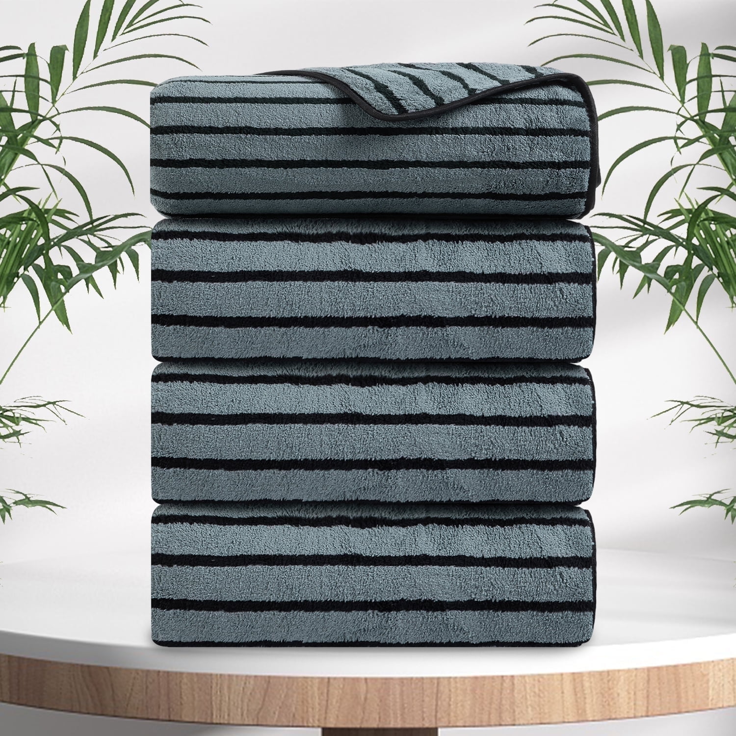 Jessy Home 4 Pack Black Bicolor bar Stripe Large Bath Towels Set Oversized Bath Sheet Soft Towel Set