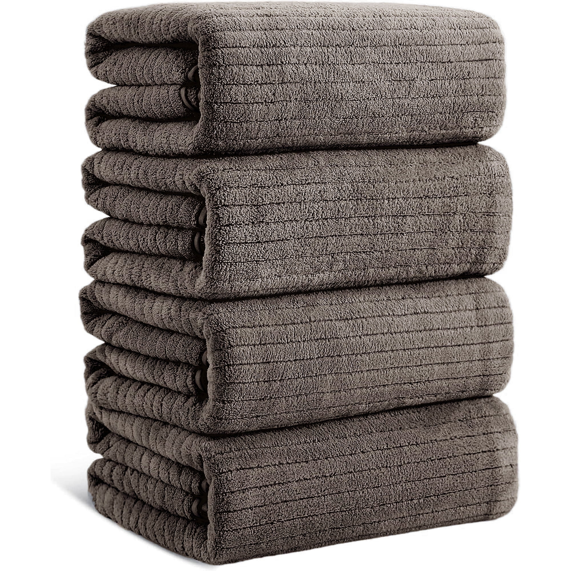 Jessy Home 4 Pack Dark Brown Stripe Large Bath Towels Set Oversized Microfiber Bath Sheet Soft Towel Set