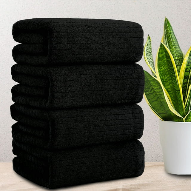 Jessy Home XL Extra Large Quick Dry 4 Pack Black Stripe Bath Towels Set