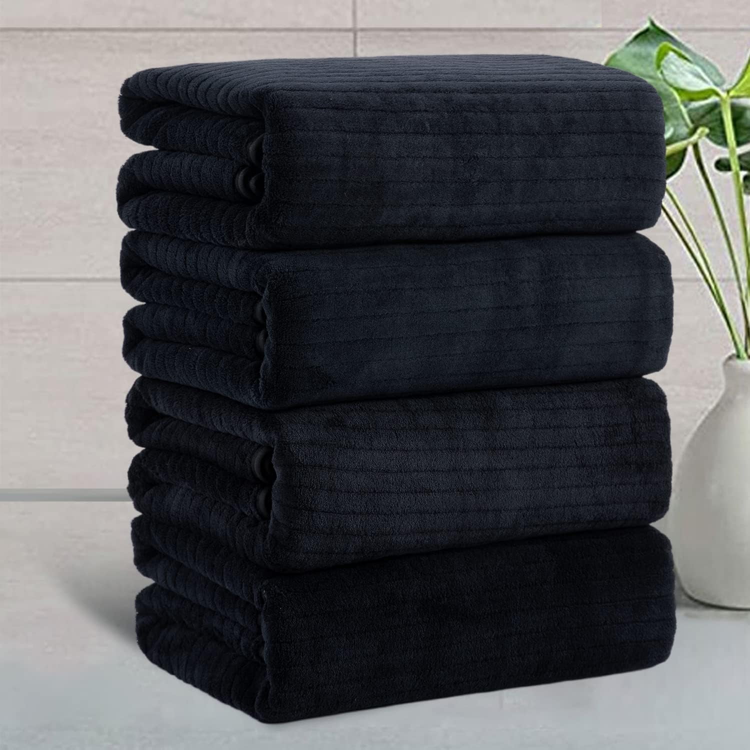 Jessy Home 4 Pack Black Stripe Large Bath Towels Set Oversized Bath Sheet Soft Towel Set