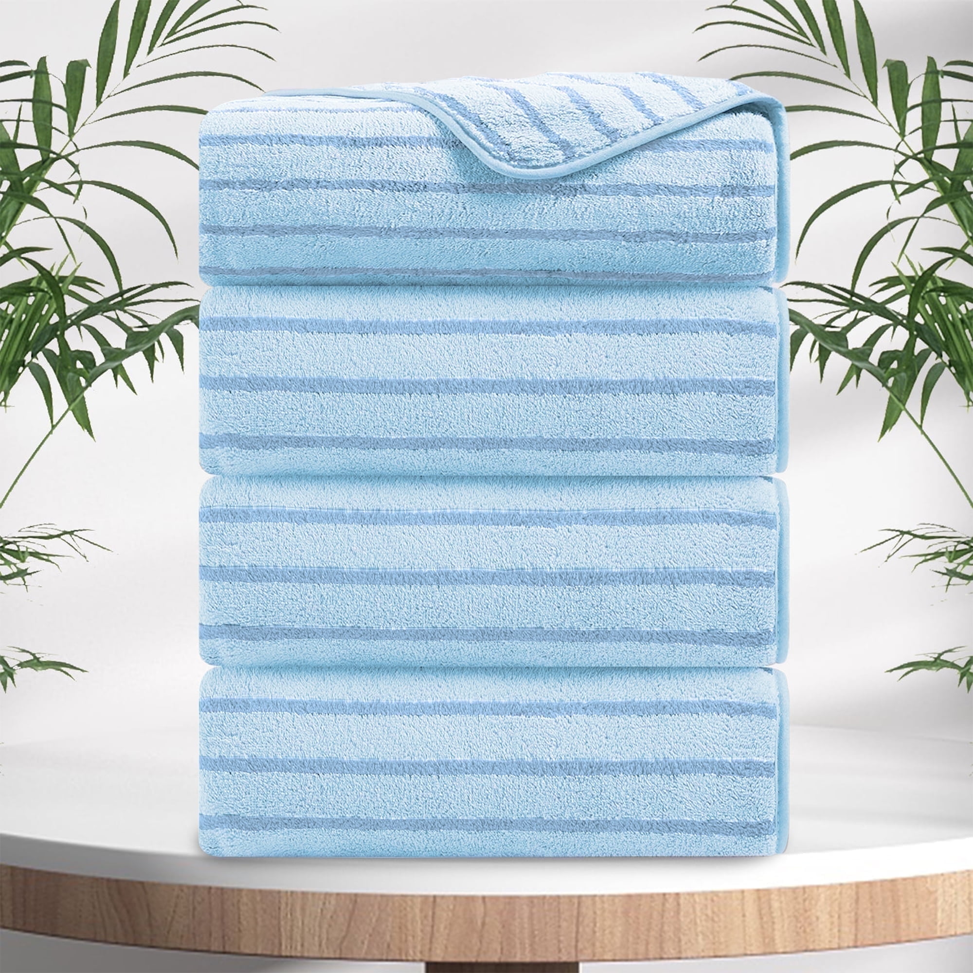 Jessy Home 4 Pack Blue Bicolor bar Stripe Large Bath Towels Set Oversized Bath Sheet Soft Towel Set