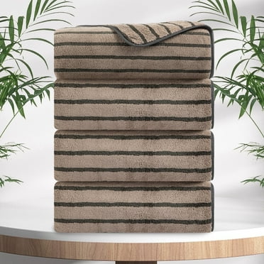 Jessy Home 4 Pack Dark Brown Bicolor bar Stripe Large Bath Towels Set Oversized Bath Sheet Soft Towel Set