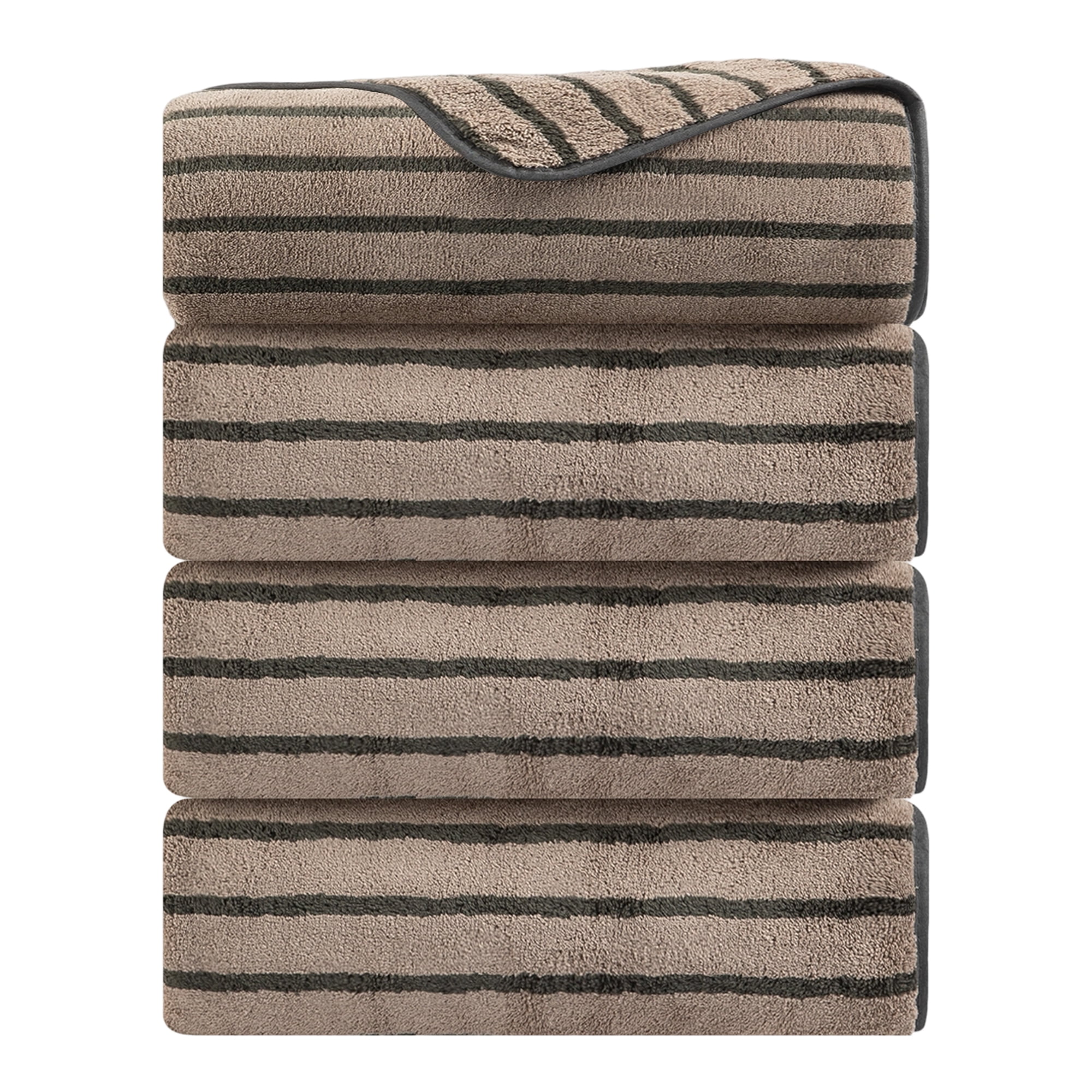 Jessy Home 4 Pack Dark Brown Bicolor bar Stripe Large Bath Towels Set Oversized Bath Sheet Soft Towel Set