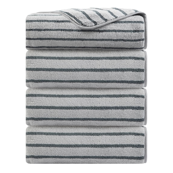 Jessy Home 4 Pack Dark Gray Bicolor bar Stripe Large Bath Towels Set Oversized Bath Sheet Soft Towel Set