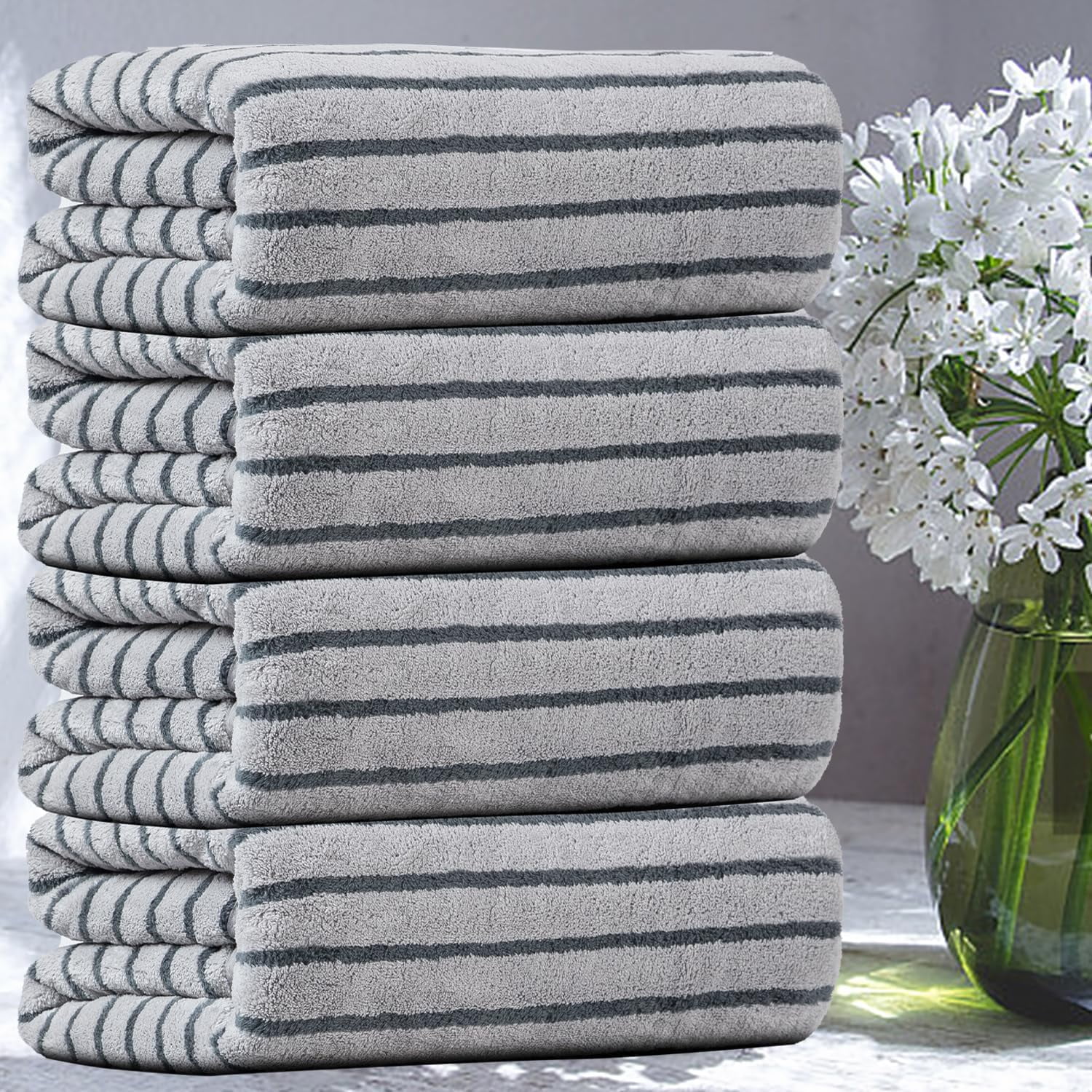 Jessy Home 4 Pack Dark Gray Bicolor bar Stripe Large Bath Towels Set Oversized Bath Sheet Soft