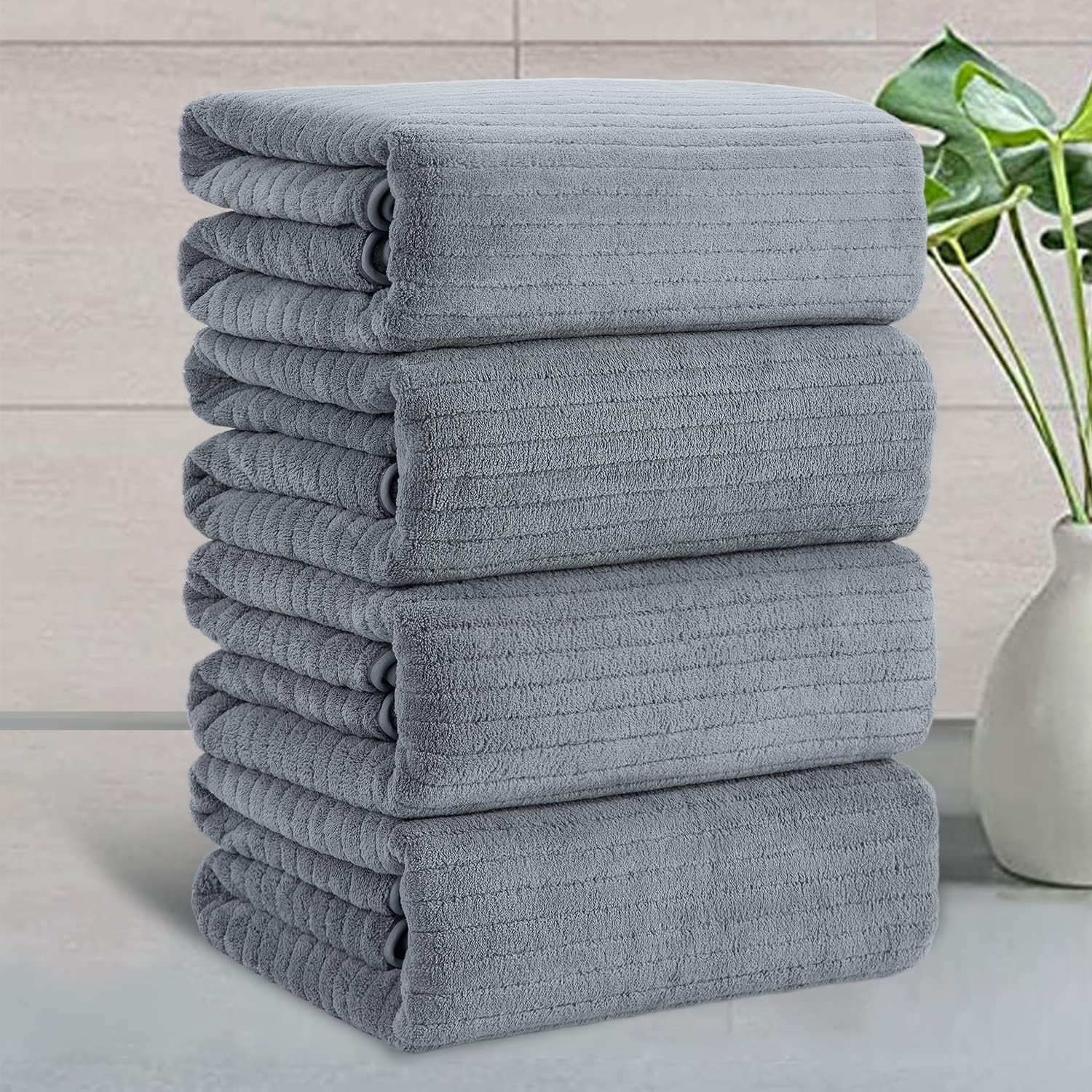 Jessy Home 4 Pack Dark Gray Stripe Large Bath Towels Set Oversized Bath Sheet Soft Towel Set