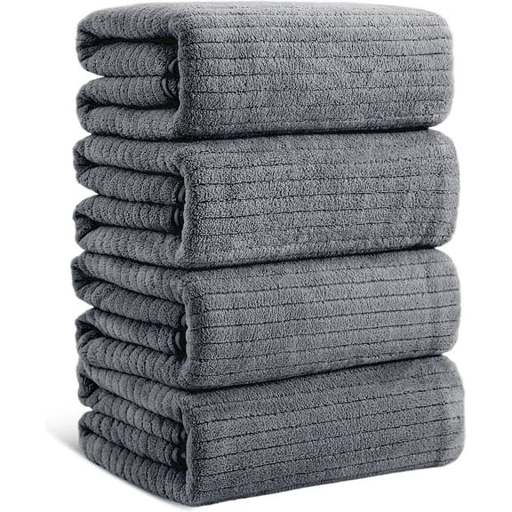 Jessy Home 4 Pack Dark Gray Stripe Large Bath Towels Set Oversized Microfiber Bath Sheet Soft Towel Set