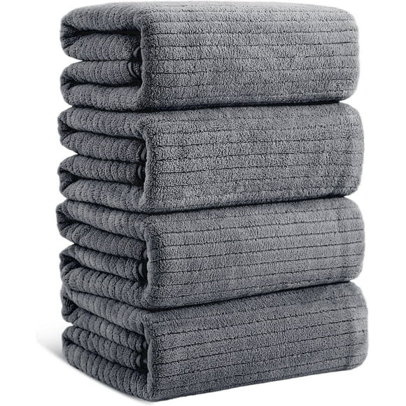 Jessy Home 4 Pack Dark Gray Stripe Large Bath Towels Set Oversized Microfiber Bath Sheet Soft Towel Set