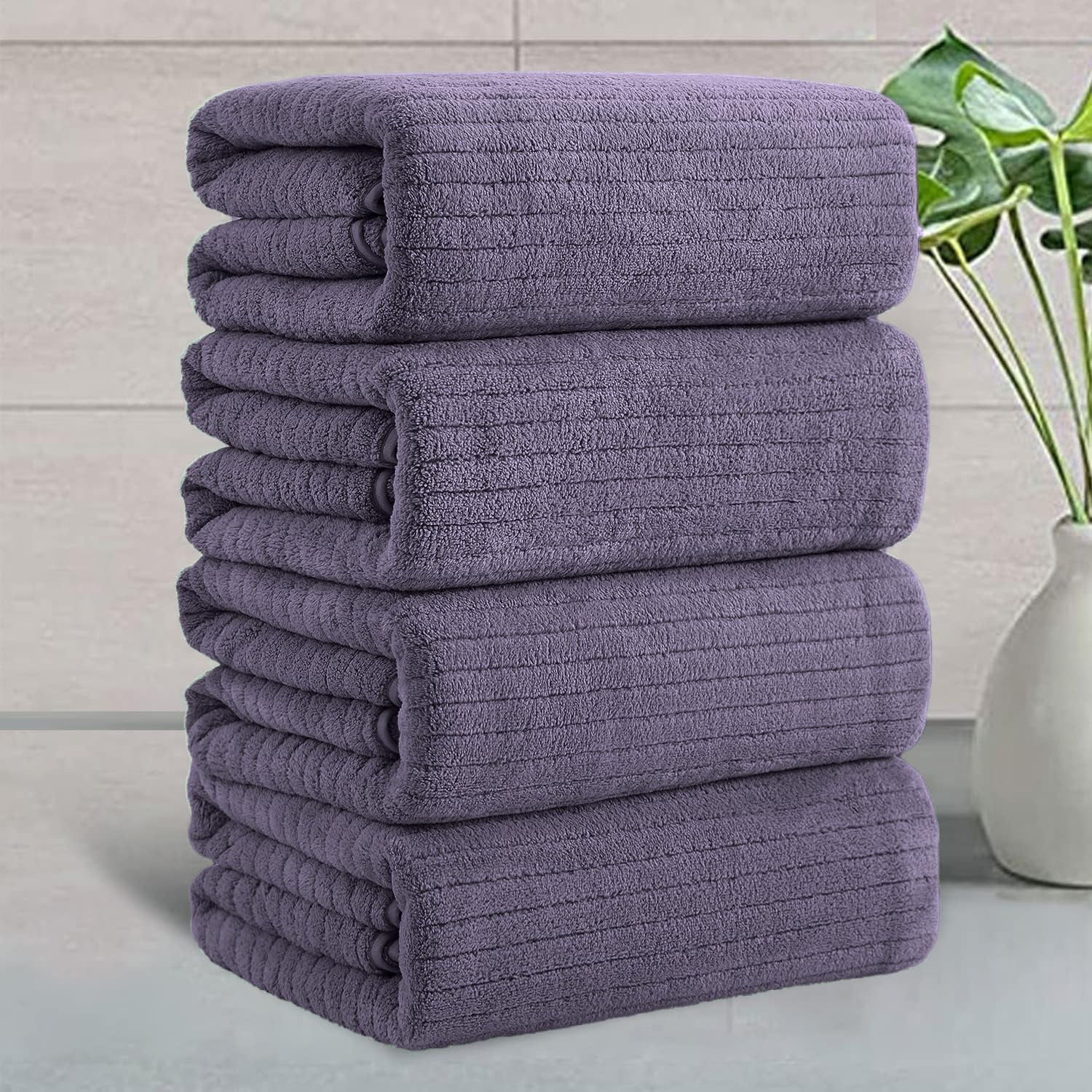 Jessy Home 4 Pack Dark Purple Stripe Large Bath Towels Set Oversized Bath Sheet Soft Towel Set, Size: 4 Pack Bath Towel