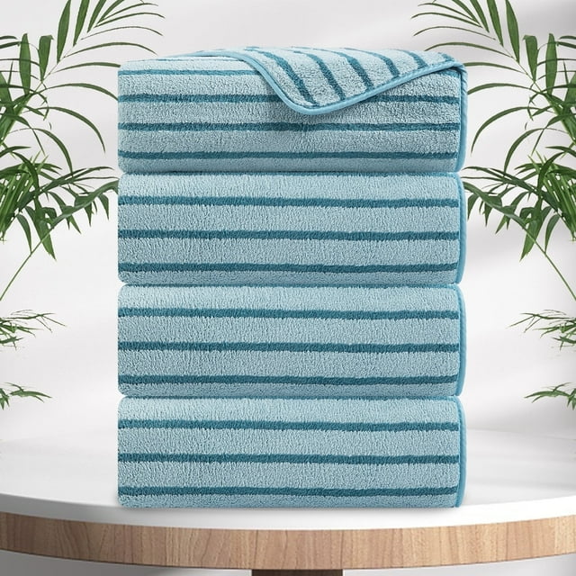 Jessy Home 4 Pack Green Pine Bicolor bar Stripe Large Bath Towels Set Oversized Bath Sheet Soft Towel Set