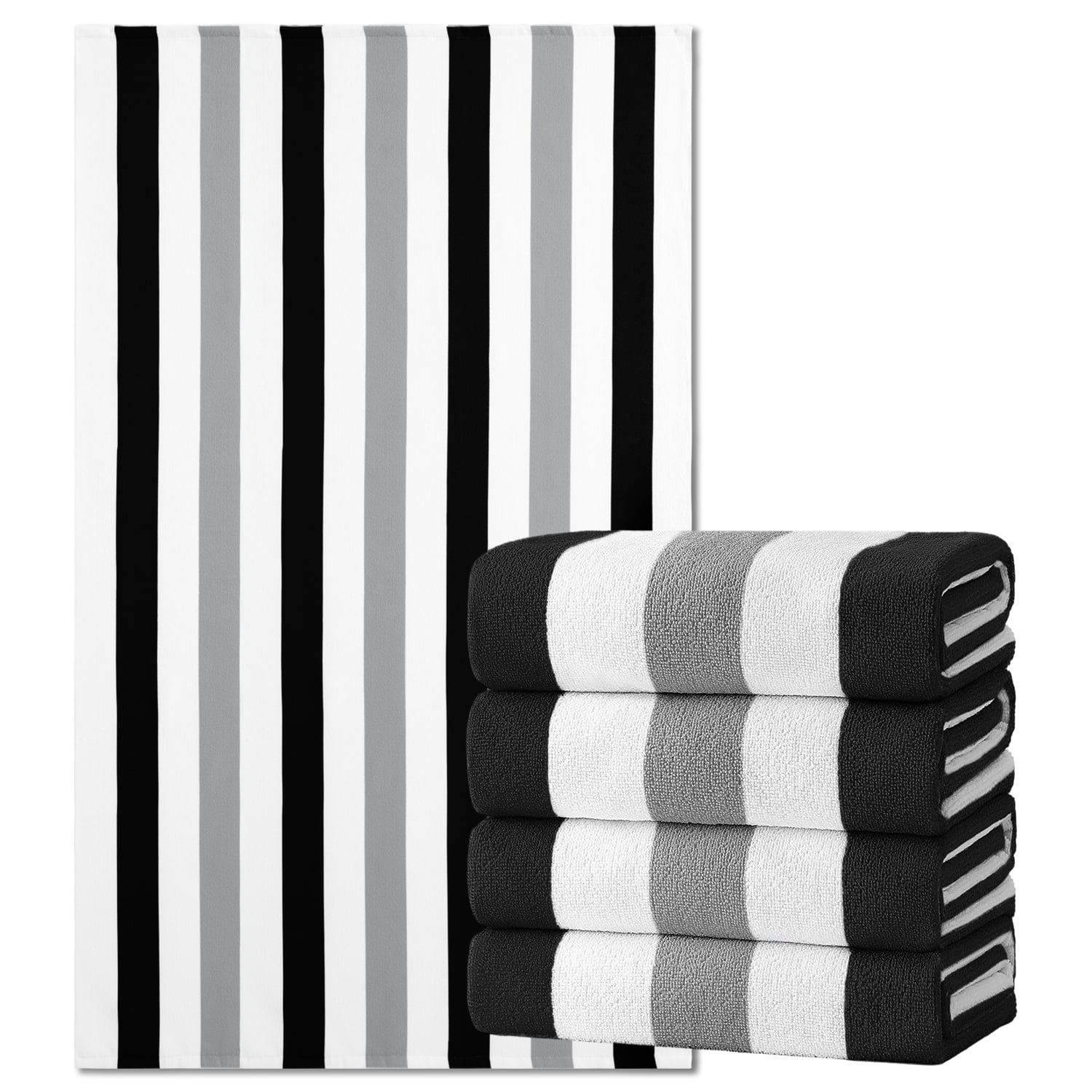 Jessy Home 4 Pack Black White Gray Oversized Beach Towel Set, 40"x70" Striped Beach Towels Super Absorbent Towels for Beach, Pool