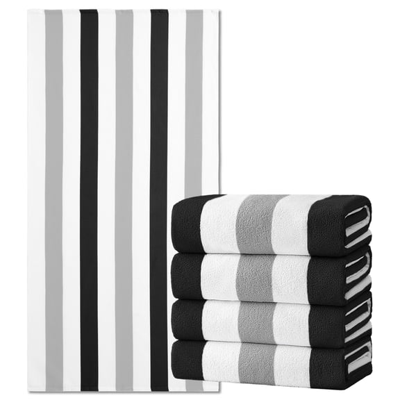 Jessy Home 4 Pack Oversized Beach Towel Set, 40"x70" Striped Beach Towels Super Absorbent, Quick-Dry, Sand-Resistant Extra Large Towels for Beach, Pool-Black White Gray