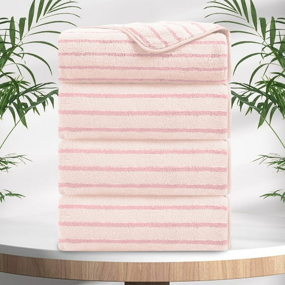 Jessy Home 4 Pack Pink Bicolor bar Stripe Large Bath Towels Set Oversized Bath Sheet Soft Towel Set