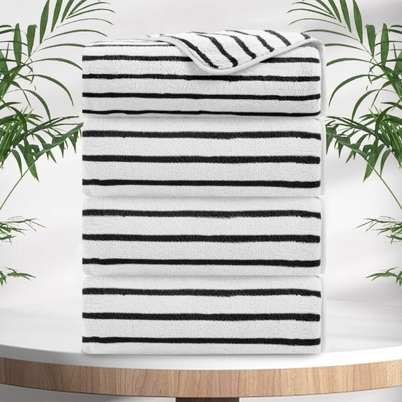 Jessy Home 4 Pack Black White Bicolor bar Stripe Large Bath Towels Set Oversized Bath Sheet Soft Towel Set