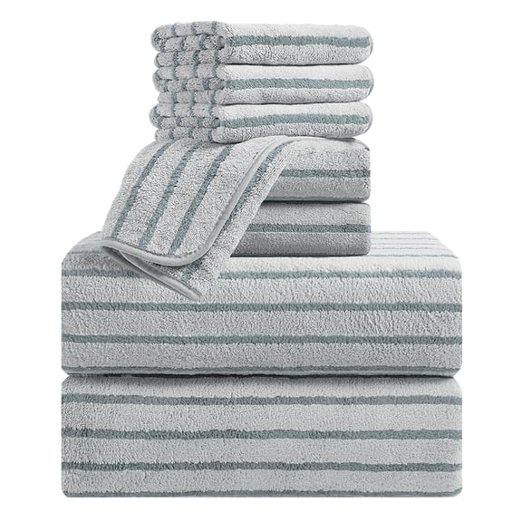Jessy Home 8 Pcs Light Gray Bicolor bar Stripe Large Bath Towels Set 2 Oversized Bathroom Towels, 2 Hand Towels, 4 Washcloths