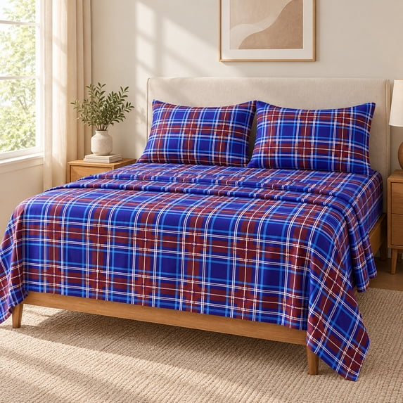 Jessy Home King 4-Piece Plaid Bed Sheet Set, Soft Microfiber, 14-Inch Deep Pocket, Flat & Fitted Sheet with 2 Pillowcases, Blue Red
